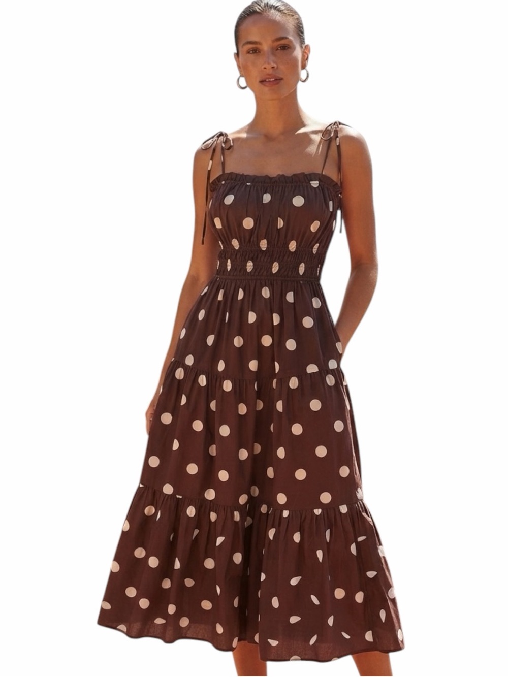 KIVARI Cotton Polka Dot Smocked Tiered Midi/Maxi Dress - Brown & Ivory Size 4